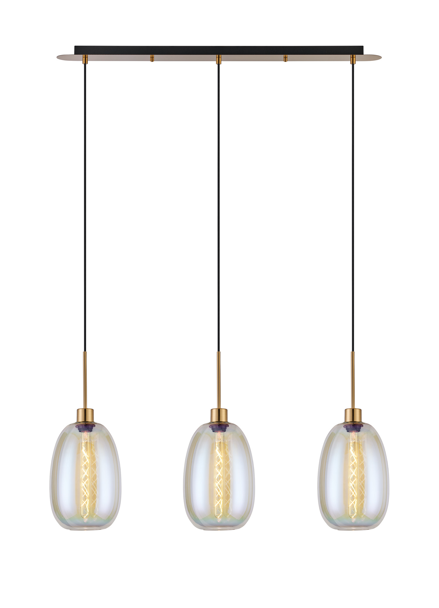 DK1206  Lori Linear Pendant, 3 Light Adjustable E27, Antique Gold/Iridescent Slim Curved Trapezium Shades
